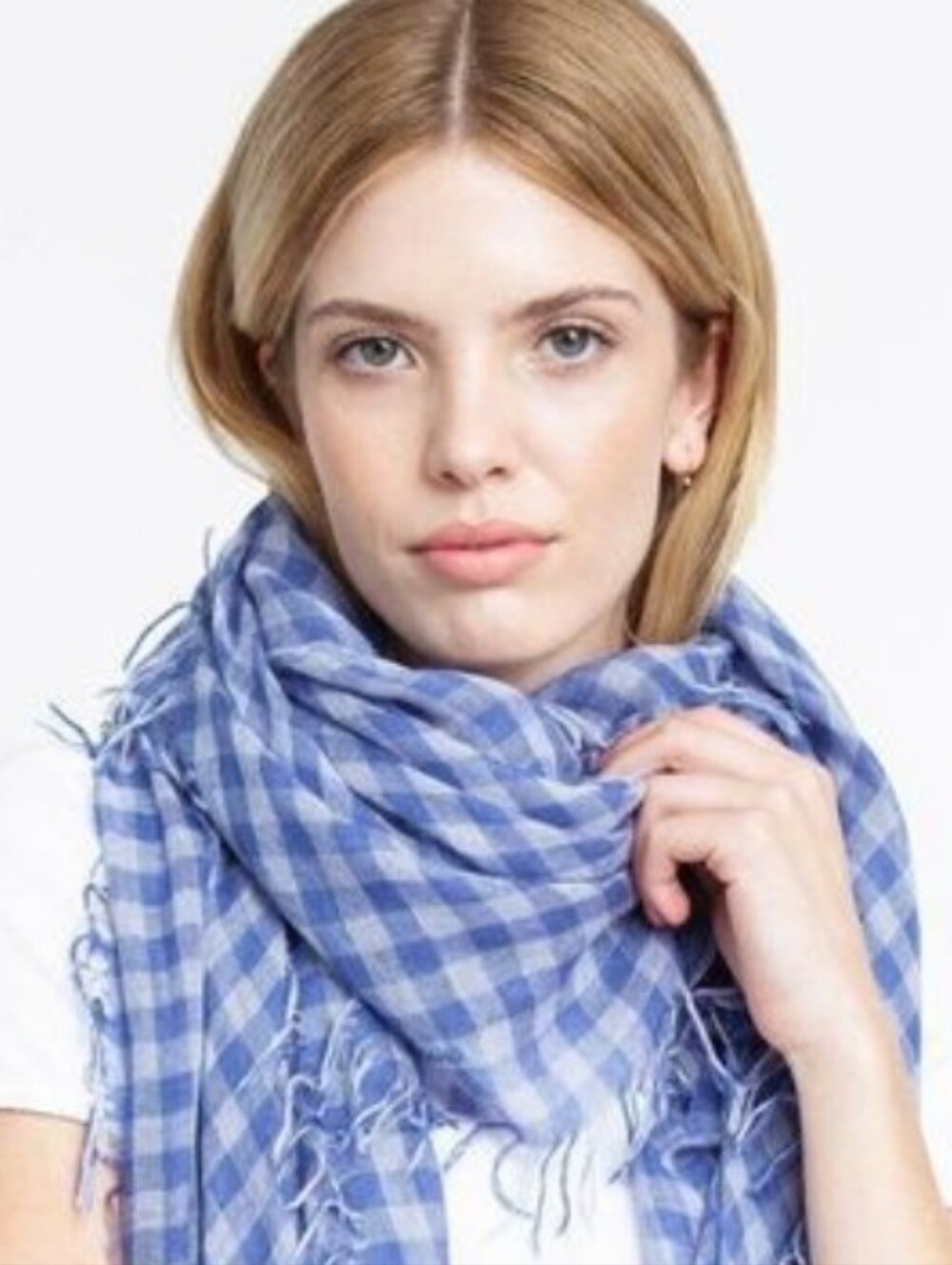 Ann Taylor Loft Cotton Infinity Scarf Tassel Fringe Checked Blue White